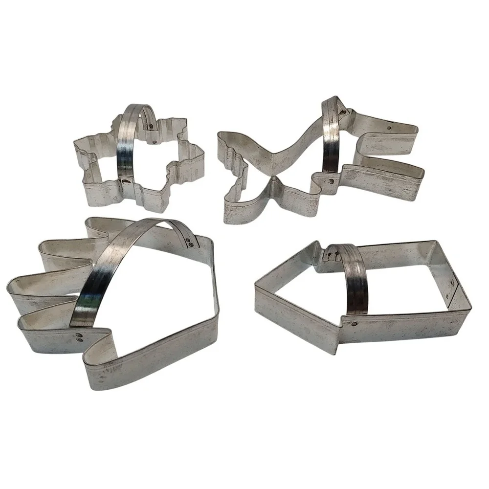 Large Vintage Cookie Cutters Snowflake Moose Hand House with Handles Set of Four